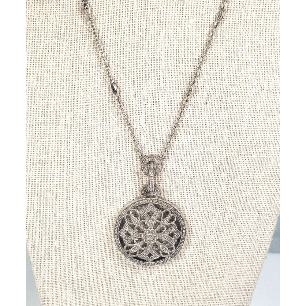 Vintage 925 Sterling Silver w Diamond Circle Cross Hearts Pendant Chain Necklace - Picture 6 of 16